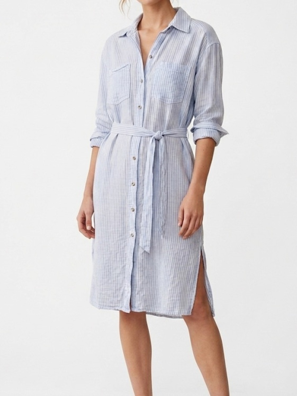 H&M Linen Blend Dress Button Down Striped Blue White Small Belt Longsleeve